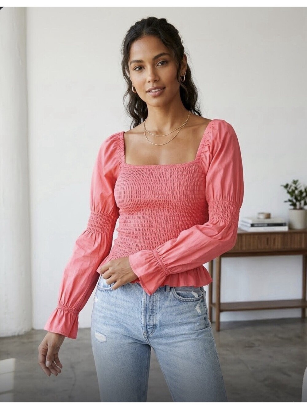 Venus Womens L Top Coral Pink Milkmaid Floral Smocked Peplum Long Sleeve Boho